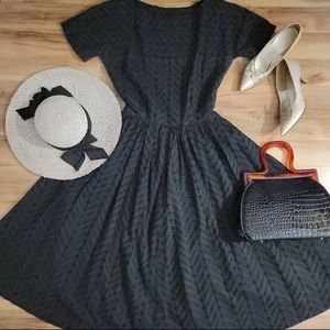 Vintage 60s Black Eyelet Day Dress L